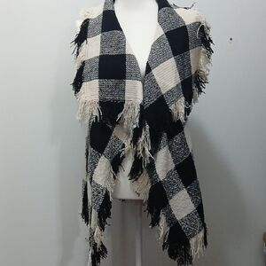 Plaid Fringe Vest - Black and Cream